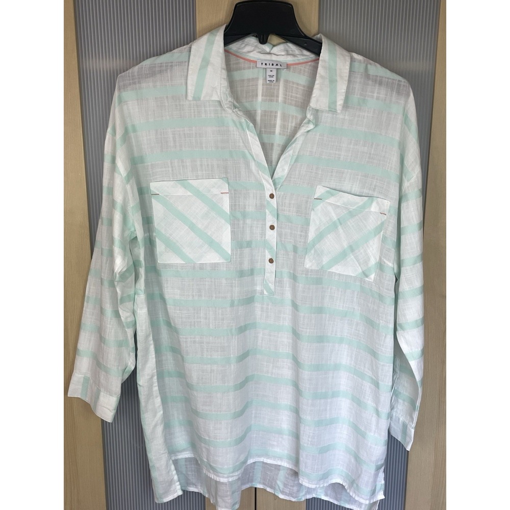 NEW Tribal Long Sleeve Roll Tab Stripe Tunic Sz XL Blouse Cotton Beach Resort